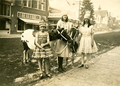 3 girls 2 ponies prepare for parade ca 1940-sm