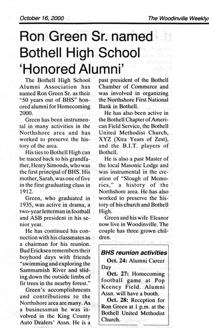 2000 Distinguished Alumnus award to BHS graduate Ron Green.