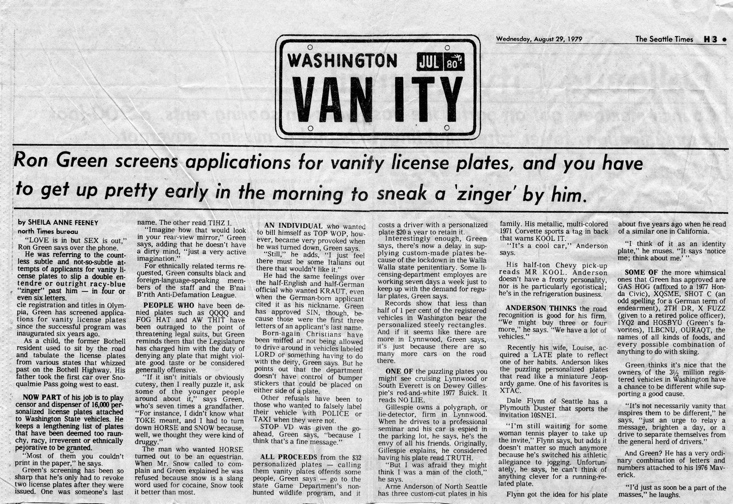 1979 Seattle Times article about Ron Green screening vanity plate requests.