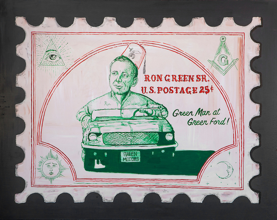 McMenamins painting by Casey Doherty capturing some of the interests of stamp-collecting car dealer Ron Green.
